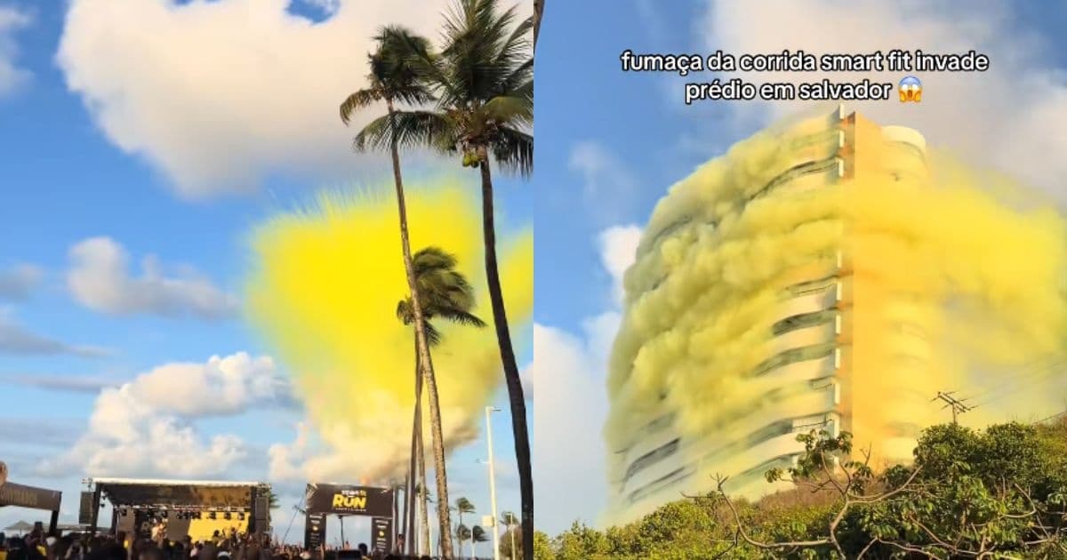 VÍDEO: Fumaça amarela de corrida de rua cobre fachada de prédio na Barra e cena viraliza; confira