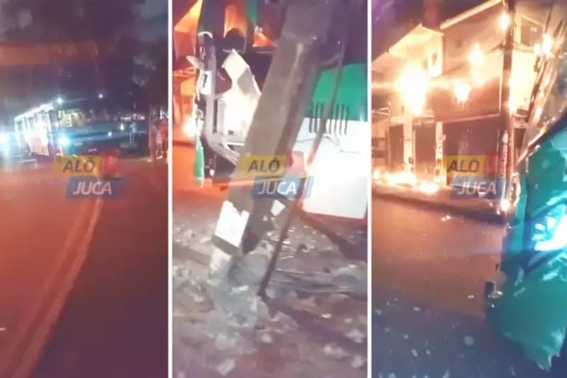 Ônibus atinge poste e causa incêndio na rede elétrica em São Marcos