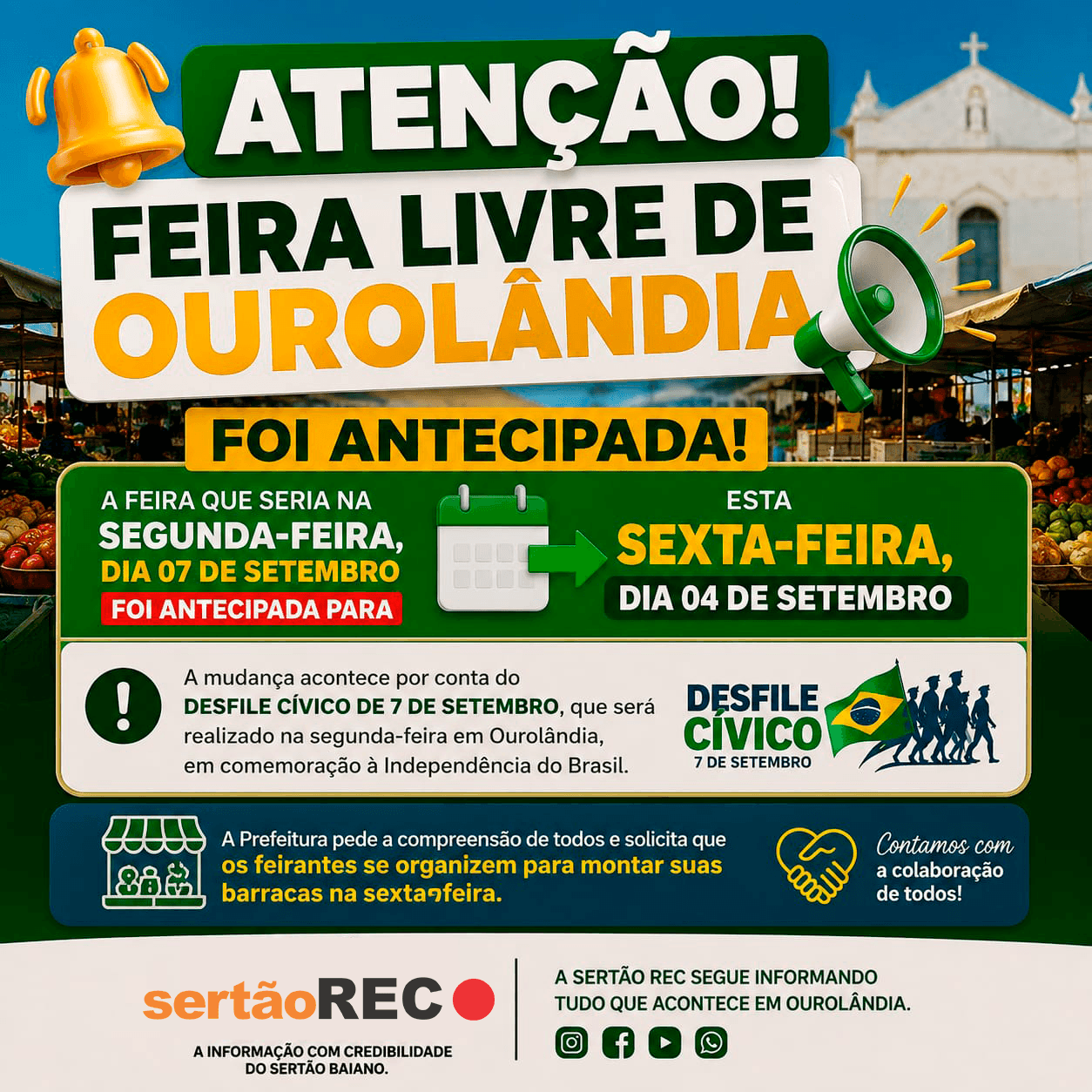 Atenção: Feira livre de Ourolândia é antecipada por causa do Desfile Cívico de 7 de Setembro