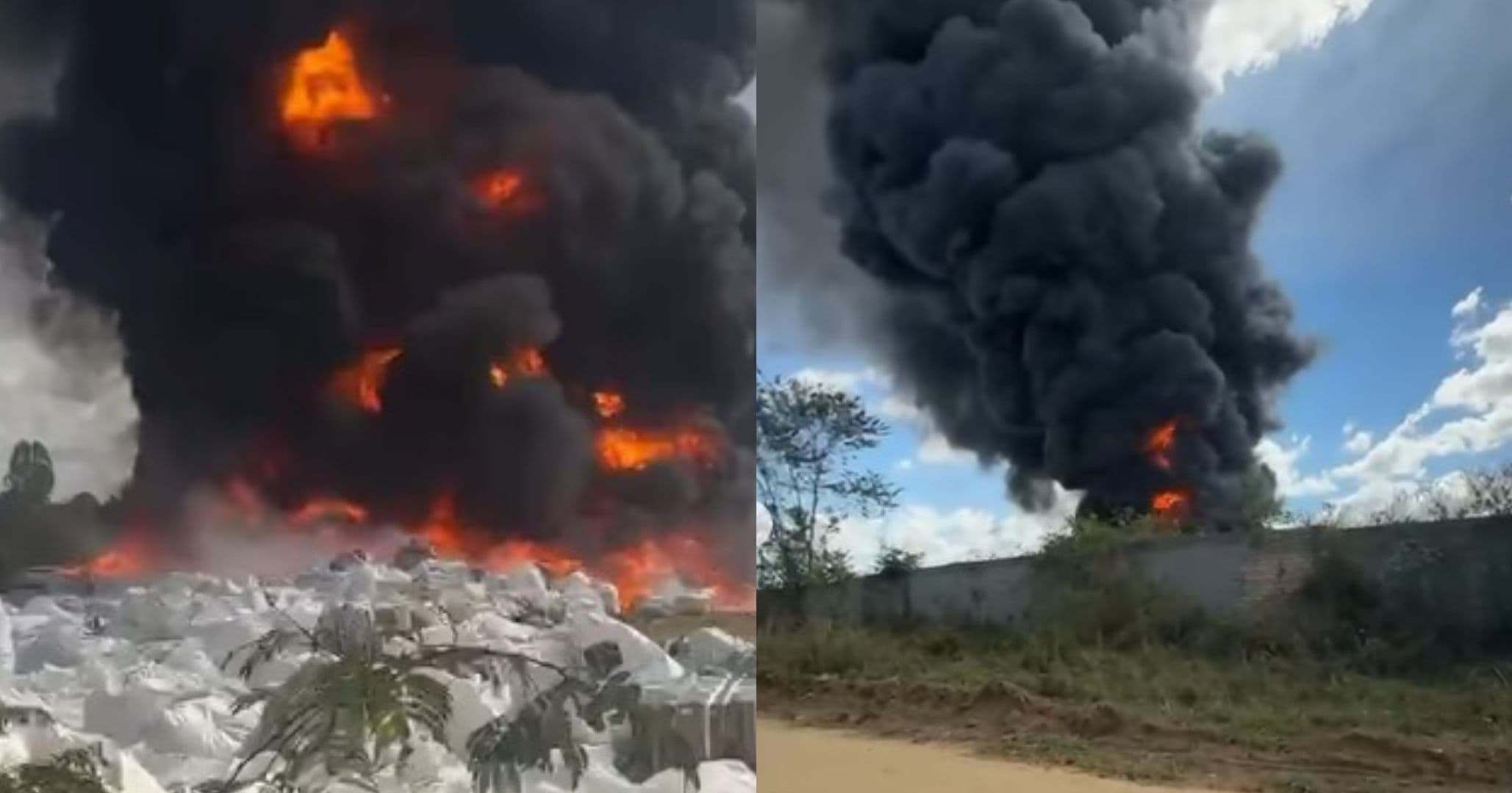 VÍDEO: Incêndio de grandes proporções atinge galpão de reciclagem em Vitória da Conquista