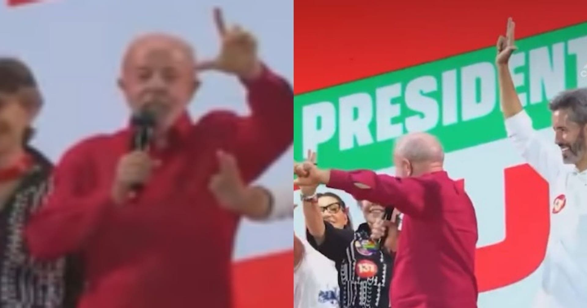 VÍDEO: Lula brinca após Janja mandar fazer o L com dois dedos em comício “Ai acabou meus dedo”